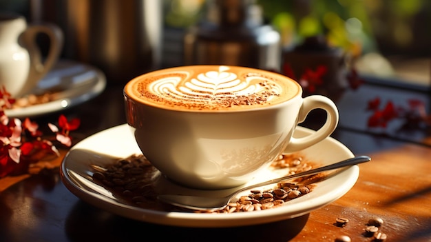 Un cappuccino mousseux sur une table en bois un délice pour les amateurs de café