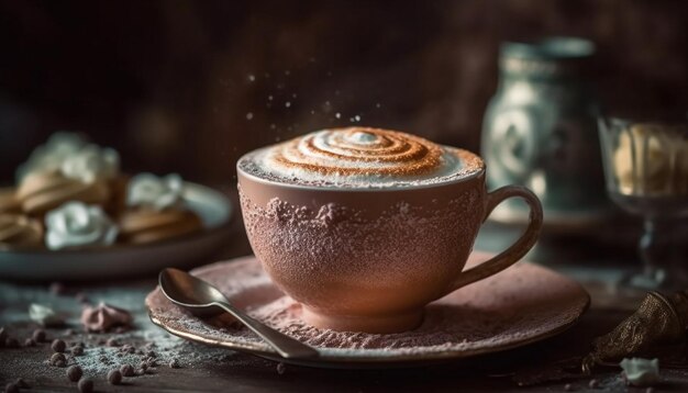 Un cappuccino mousseux sur une table en bois rustique avec du chocolat généré par l'IA