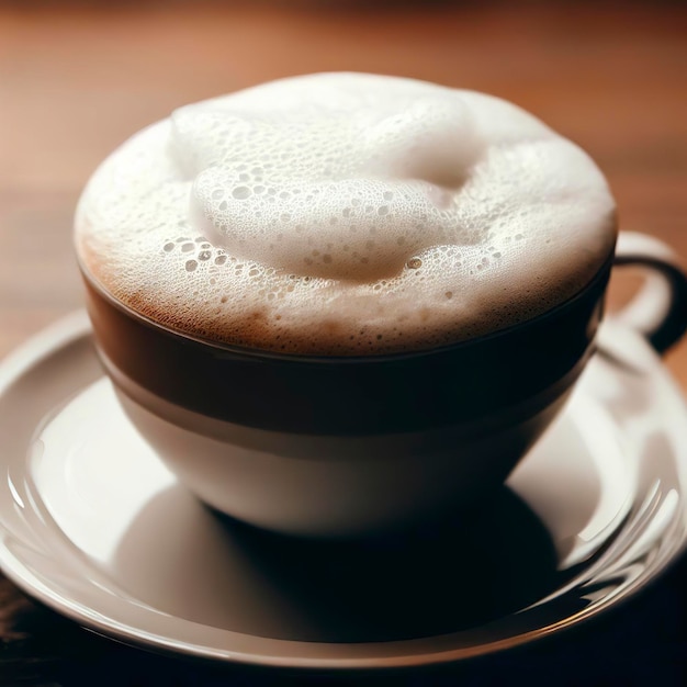 Cappuccino mousseux sur table en bois