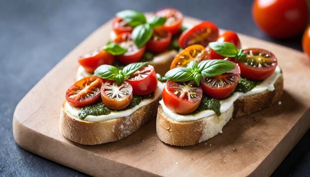 Caprese bruschetta avec des tomates cerises, de la mozzarella et du pesto au basilic