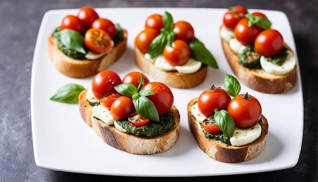 Caprese bruschetta avec des tomates cerises, de la mozzarella et du pesto au basilic