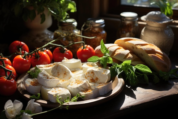 Caprese avec de la mozzarella fraîche lors d'un pique-nique dans le champ de 'fiori avec des fleurs génératives IA