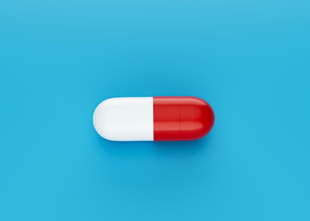 Capsule d'antibiotique pharmaceutique rouge et blanche isolée sur fond bleu Illustration 3d