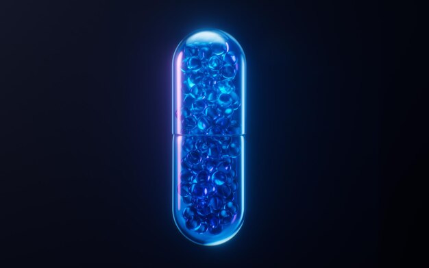 Capsule médicale avec effet de lumière néon sombre rendu en 3D