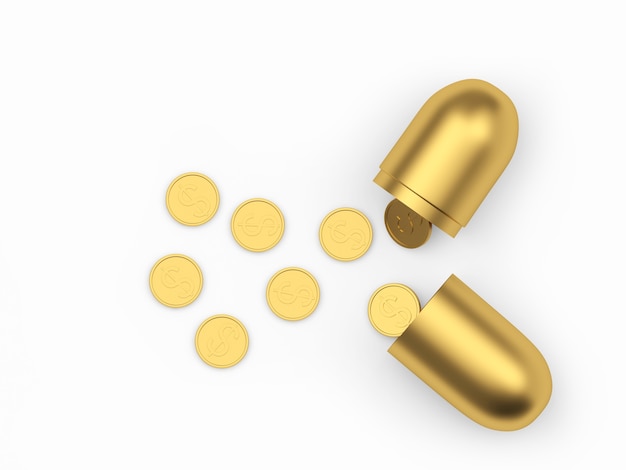 Capsule médicale ouverte en or avec des pièces en dollars éparpillées