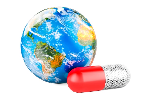 Capsule de médicament avec rendu 3D du globe terrestre isolé sur fond blanc