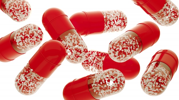Capsule pilule icône illustration médicale. Pilules de rendu 3D isolés sur blanc. Icône de capsule ouverte de pharmacie. Capsule médicale à granules. Cure pour le virus. Chute de pilules ou de vitamines.