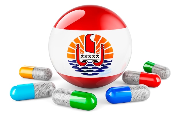 Capsule de pilules avec un rendu 3D du drapeau de la Polynésie française isolé sur fond blanc
