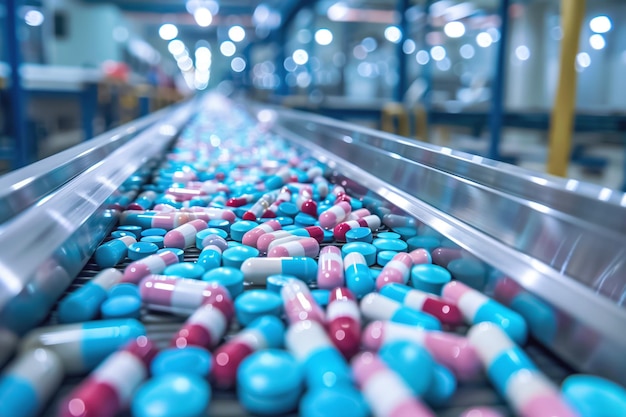 Photo des capsules bleues et roses sur une ligne de production dans une usine pharmaceutique