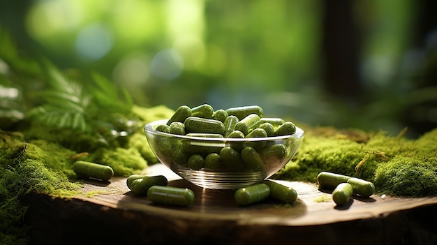 Des capsules d'herbes biologiques se renversant d'un bol de bois sur un sol de forêt moussu à la lumière du jour