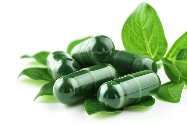 Capsules de médicaments à base de plantes avec des feuilles vertes fraîches isolées sur fond blanc Spiruline isolée blanche