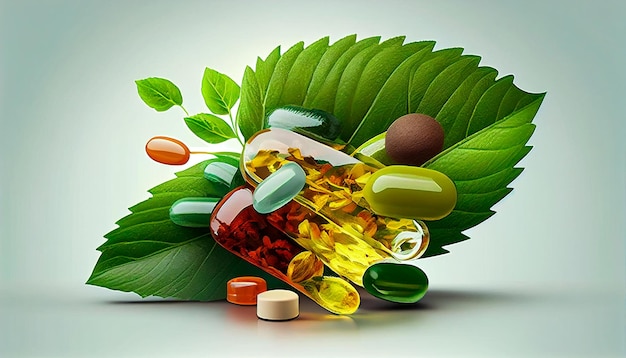 Les capsules organiques à base de plantes de médecine alternative avec de la vitamine E, des minéraux d'huile de poisson oméga 3 et des médicaments avec des feuilles à base de plantes sont des suppléments naturels pour une vie heureuse et saine AI générative