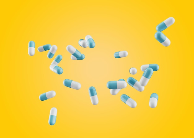 Capsules pharmaceutiques bleues et blanches 3d éparpillées dans l'air sur fond jaune Illustration 3d