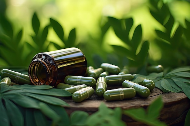 Capsules de phytothérapie sur une table en bois avec fond de feuilles vertes Capsules suppléments d'herbes sur fond de feuilles vertes AI générées