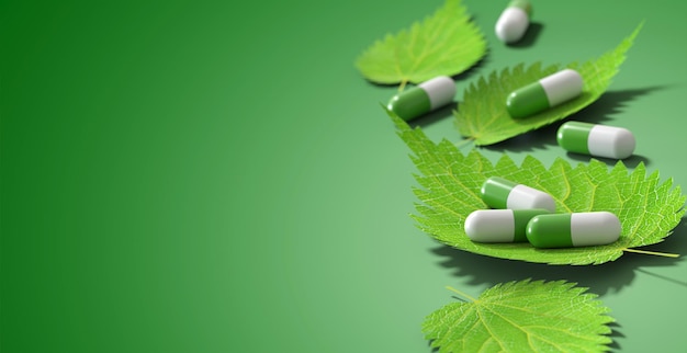 capsules placées sur des feuilles fond vert profondeur d'effet de champ