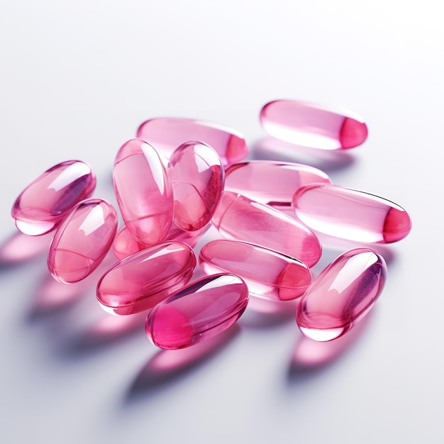 Capsules de vitamines roses sur un fond blanc