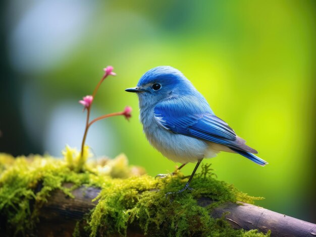 Un capteur de mouches ultramarine assis sur une branche sur un fond vert