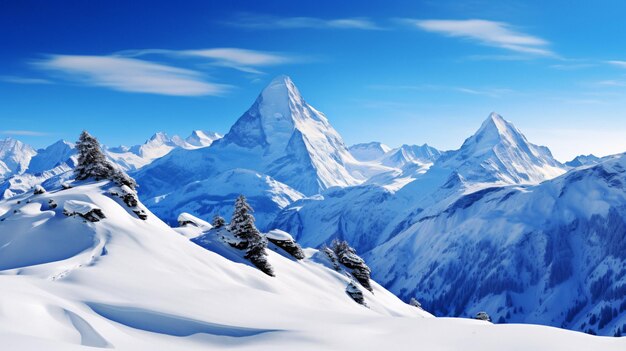 Captivant pays des merveilles hivernales majestueuse chaîne de montagnes enneigées avec des arbres couverts de neige et un ciel bleu...