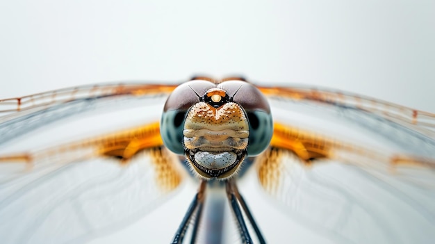 Une captivante prise au niveau des yeux d'une libellule en parfaite mise au point avec une profondeur de champ peu profonde montrant les détails délicats de ses ailes