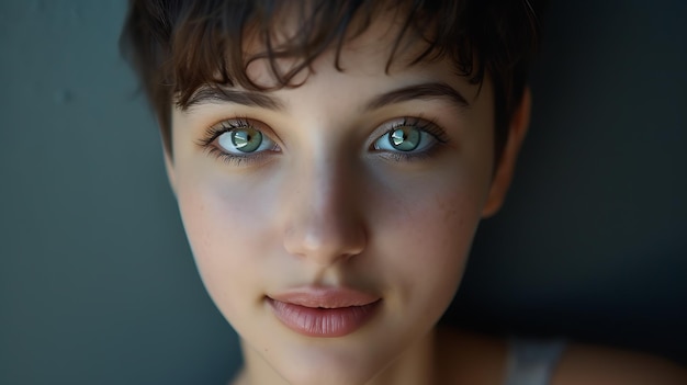 Photo a captivating portrait of a young woman with a trendy pixie cut hairstyle and enchanting light brown eyes her playful expression brings out her joyful spirit and charismatic charm perfect