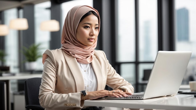 Captivez avec confiance Montrez une femme d'affaires asiatique en hijab à un bureau blanc élégant confiante