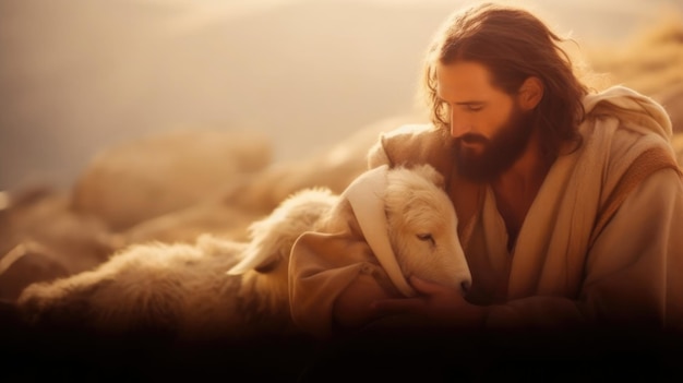 Capturant la douce étreinte de Jésus-Christ le berger compatissant réconfortant un agneau perdu cette image chaleureuse rayonne la sérénité et la grâce