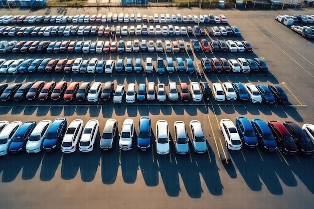 Capture aérienne captivante d'une flotte impressionnante de voitures neuves au port de stationnement de l'usine automobile