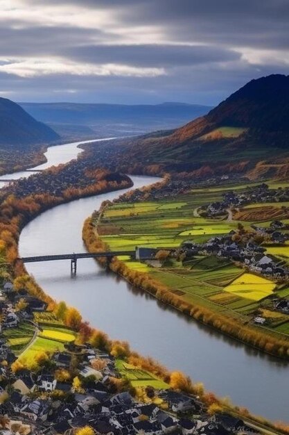 Photo capture aérienne du village d'ellenz poltersdorf et des vignobles colorés sur la moselle à l'automne