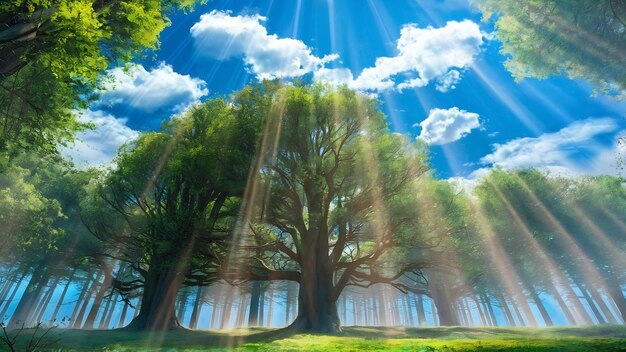 Capture d'angle bas d'arbres hauts dans la forêt par une journée ensoleillée