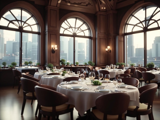 Capture d'angle élevé d'une table ronde de restaurant chic avec des fenêtres