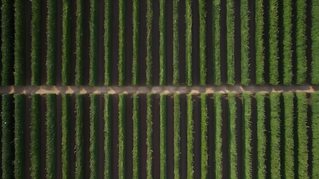 Capture d'angle élevé d'une zone agricole avec des lignes de plantes similaires