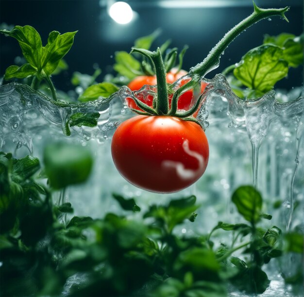 Capture cinématographique de la tomate au centre des feuilles vertes d'eau glacée éclaboussure d'eau film éclairage