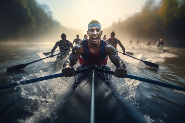 Photo capture dynamique d'une équipe d'aviron en action