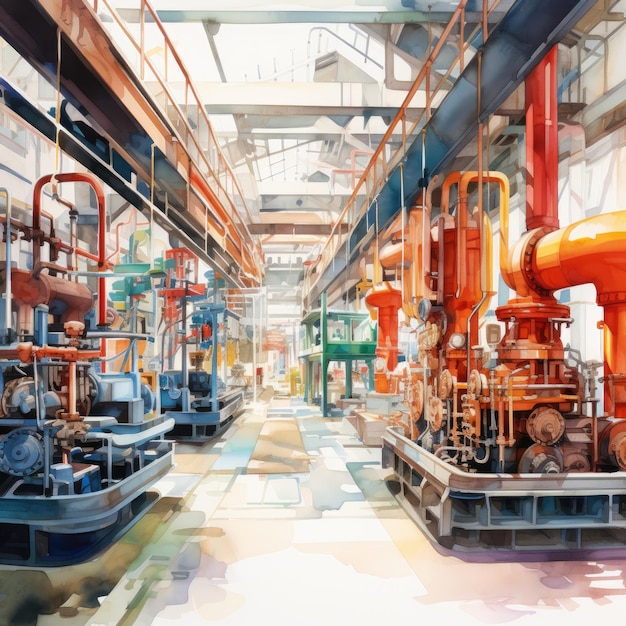 Une capture d'écran d'aquarelle vibrante retraçant la chaîne de montage industrielle historique d'une usine