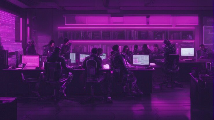 une capture d'écran d'un écran d'ordinateur montrant des gens assis à un ordinateur avec un fond violet.