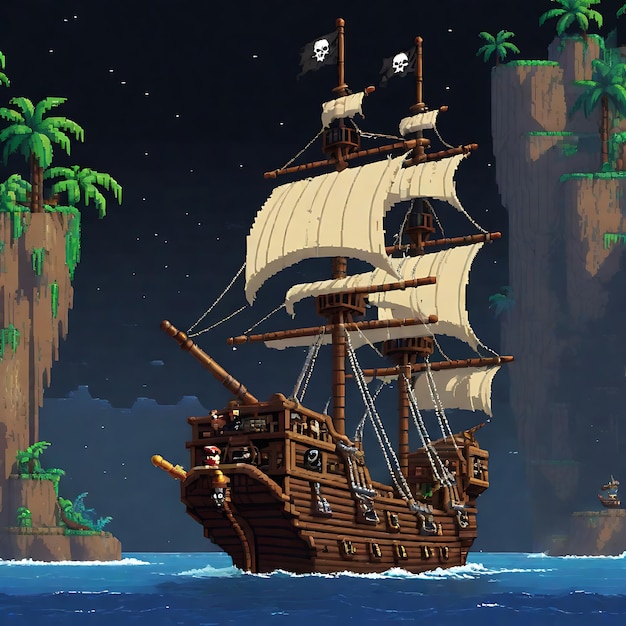 Photo une capture d'écran d'un navire pirate pixel art dans un cadre tropical