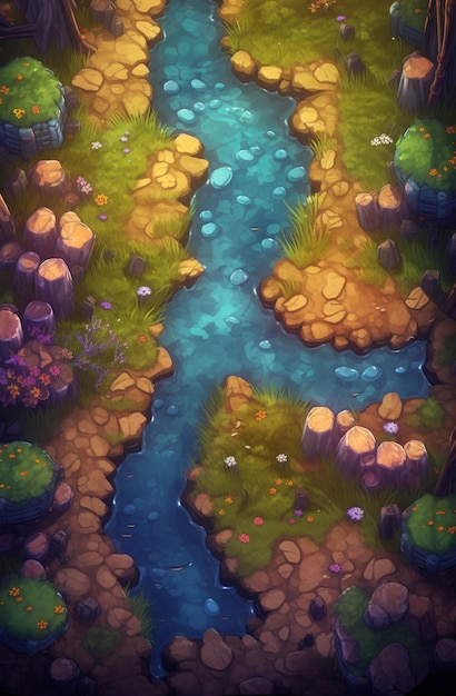 Une capture d'écran d'un paysage de jeu vidéo avec une rivière et un pont.