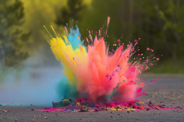 Photo capture à grande vitesse d'une bombe de peinture colorée explosant sur le sol