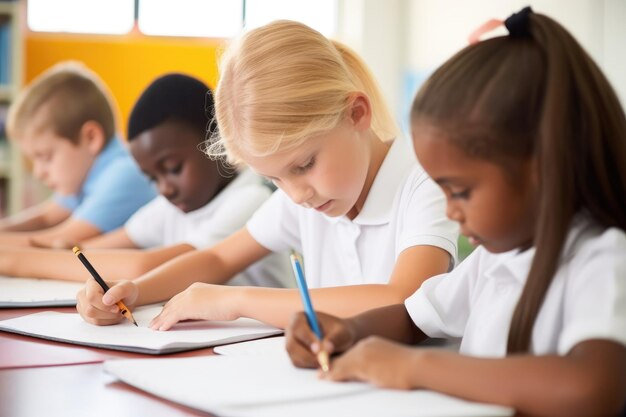 Photo capture d'un groupe de jeunes écoliers écrivant des notes en classe créée avec l'ia générative