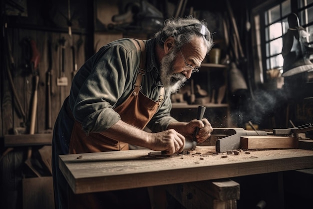 Capture d'un homme travaillant avec du bois dans son atelier créé avec l'IA générative