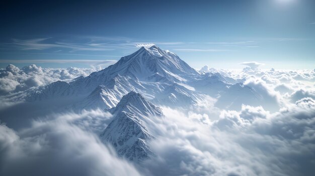 Photo capture hyperréaliste d'un sommet de montagne enneigé au-dessus d'une mer de nuages ses pentes blanches brillant sous la lumière du soleil contre le ciel bleu profond détaillant l'intelligence artificielle complexe générative