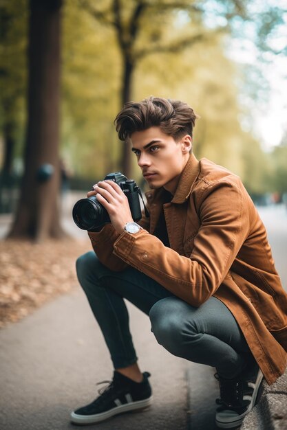 Capture d'un jeune homme prenant des photos avec son appareil photo à l'extérieur créée avec l'IA générative