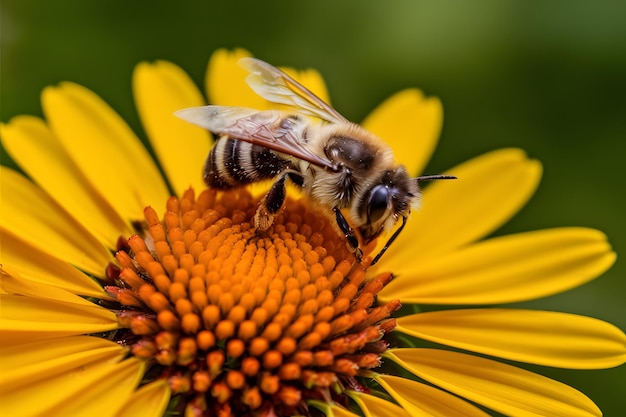 Capture macro d'une abeille perchée sur une fleur jaune vibrante dans la nature