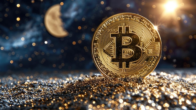 Capture macro d'un Bitcoin doré sur une lune d'arrière-plan étoilé dans le coin supérieur symbolisant