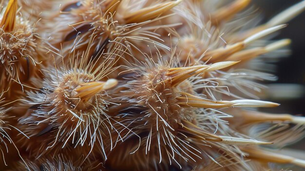 Capture macro détaillée de barres de bardeau d'Arctium avec de minuscules crochets qui s'accrochent à la fourrure des animaux qui passent