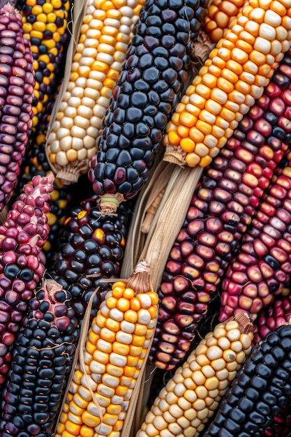 Capture macro de gousses de maïs multicolores montrant la texture et la variété