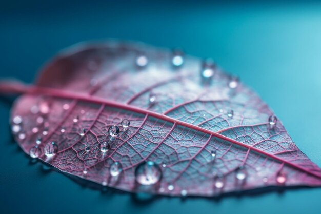 Capture macro de gouttes d'eau sur un fond naturel de feuille