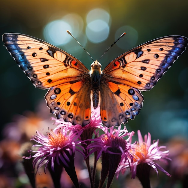 Photo capture macro d'un papillon en fleur avec les ailes déployées