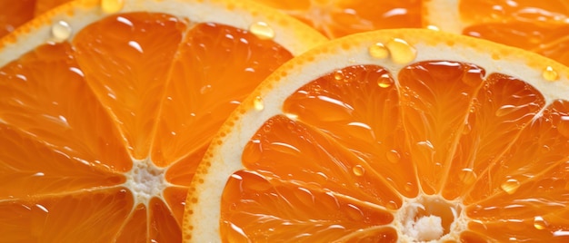 Photo capture macro de segments d'orange frais montrant les vésicules de la pulpe et la couleur vibrante de l'ia générative