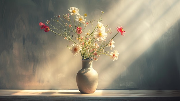 Capture de nature morte d'un vase à fleurs décentré sur la table sous une lumière spectaculaire mettant en évidence son asymmetrie